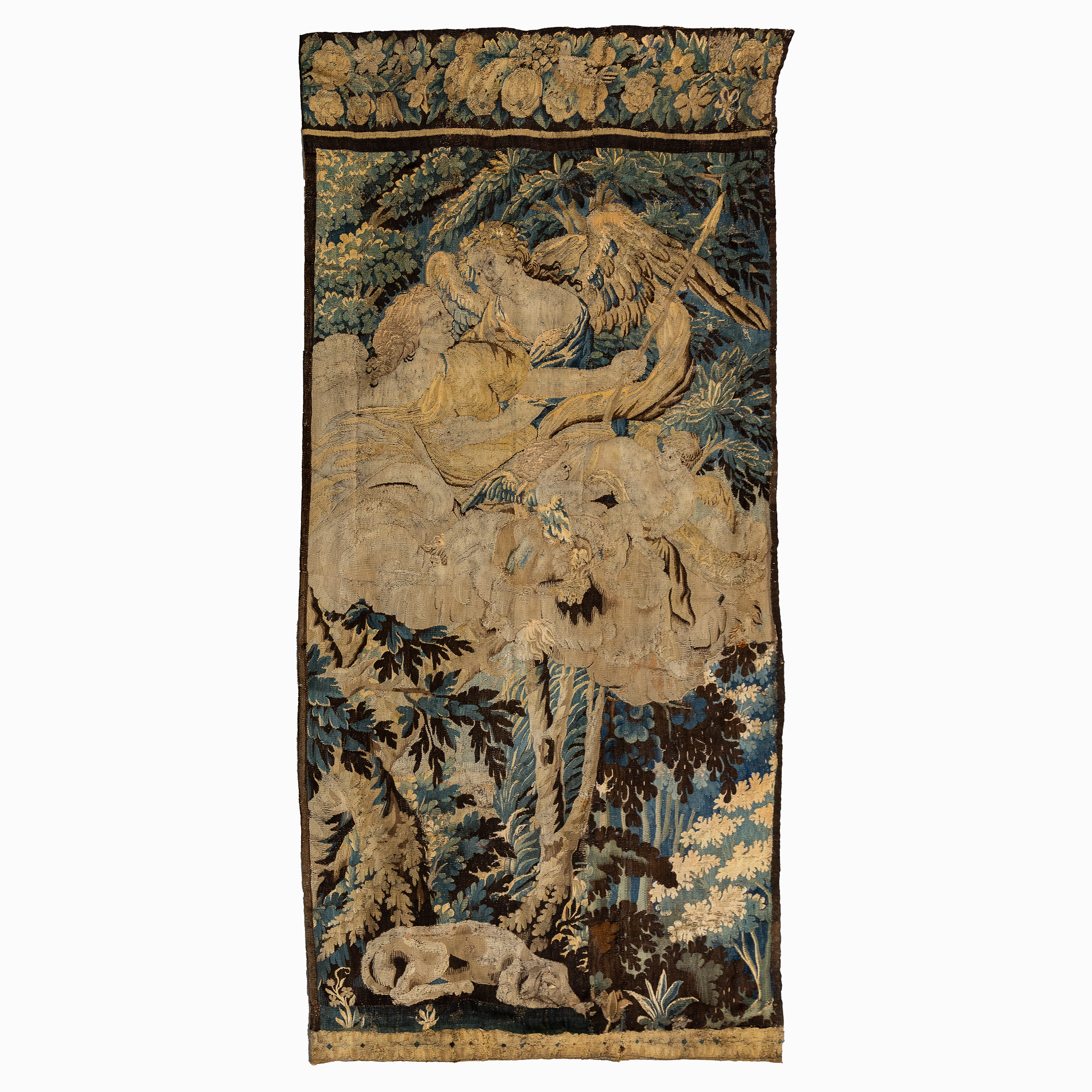 Een antiek 'Verdure' wandtapijt met 'Allegorie van de Wind', Vlaanderen, 17de eeuw. (L:121 x H:260 cm)